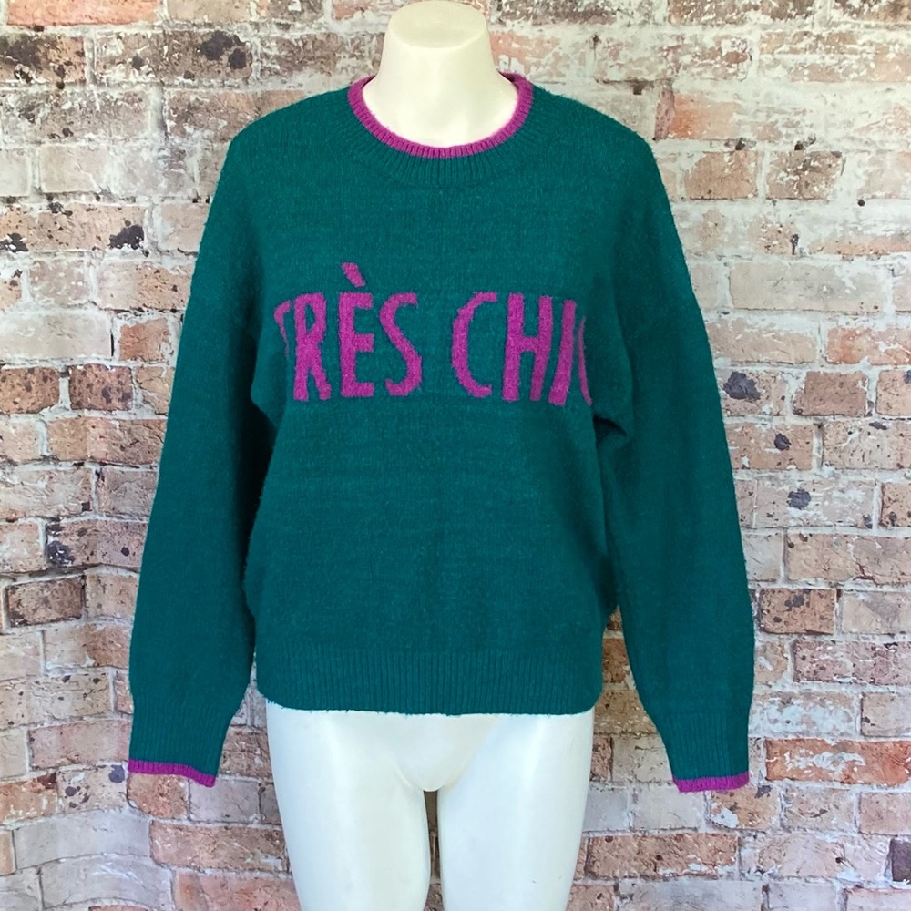 Code x Mode TRES CHIC Pullover Knit Sweater Teal & Purple Sz Medium